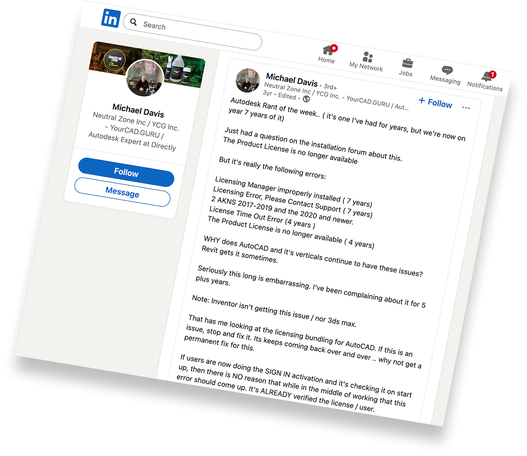 LinkedIn post about Autodesk errors